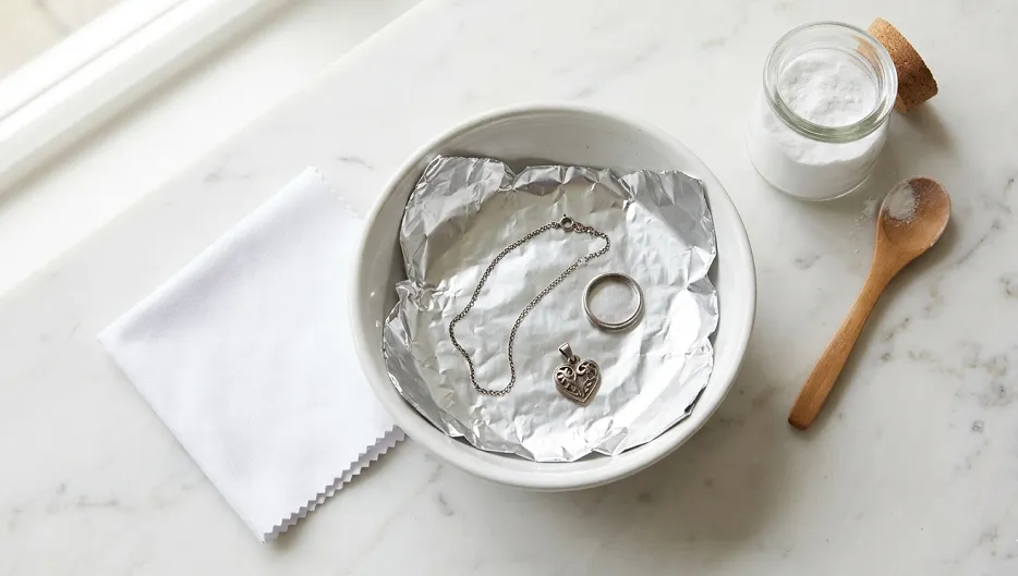 Sterling silver jewellery being cleaned using the baking soda and aluminium foil method in a white ceramic bowl