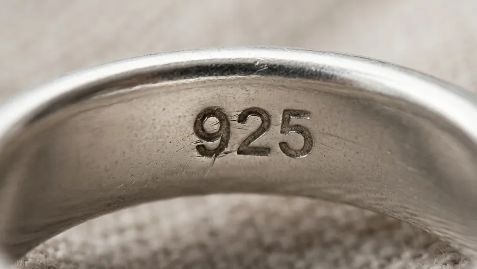 Close-up of a 925 hallmark stamp on a sterling silver ring