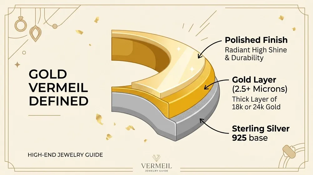 Diagram showing the layers of gold vermeil jewellery with sterling silver base and 2.5 micron gold coating 