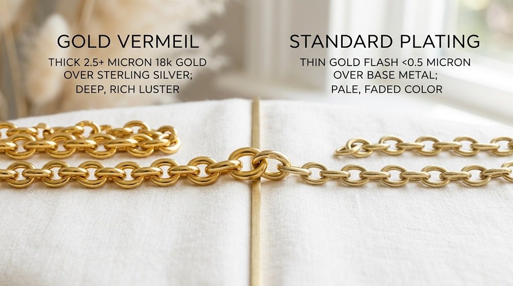 Side by side comparison of gold vermeil jewellery and gold plated jewellery showing difference in quality and finish 
