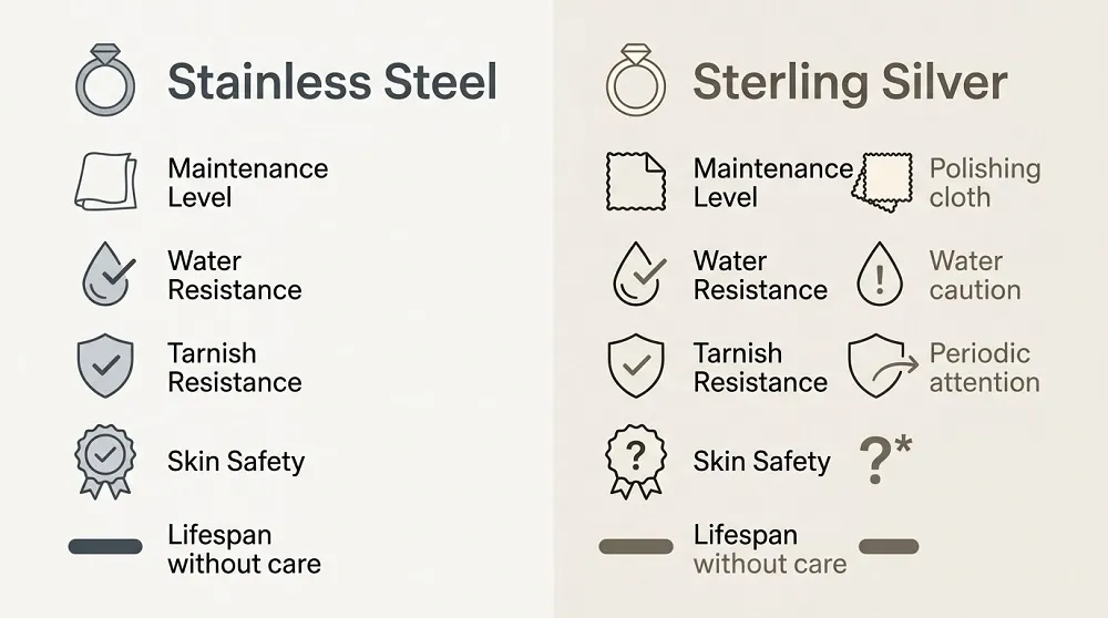 Stainless Steel vs Sterling Silver Jewellery Care Comparison Chart