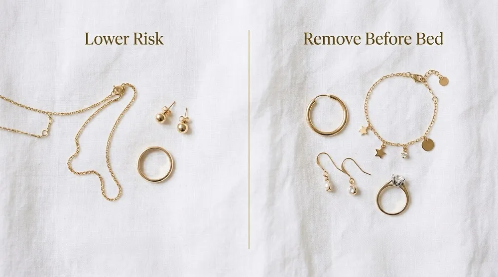 Flat lay of jewellery types showing which pieces are safe to sleep in and which should be removed before bed
