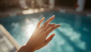 woman removing gold ring before swimming in pool