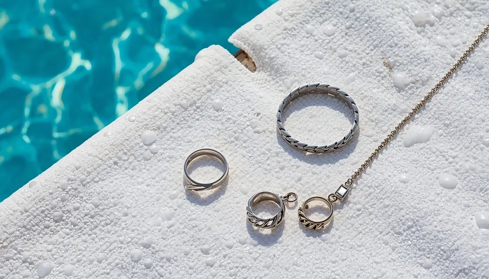 stainless steel pool safe jewellery flat lay