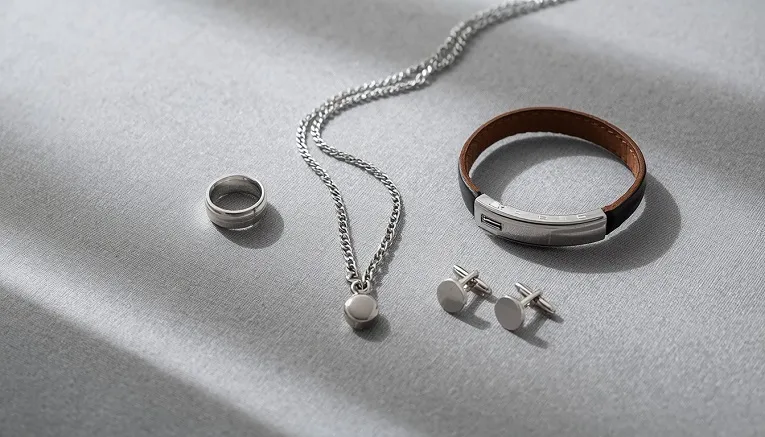 Collection of men's jewellery including a ring, chain, bracelet and cufflinks