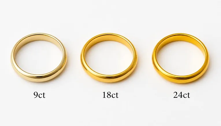 Three gold rings in 9ct, 18ct and 24ct showing the colour difference between gold carats