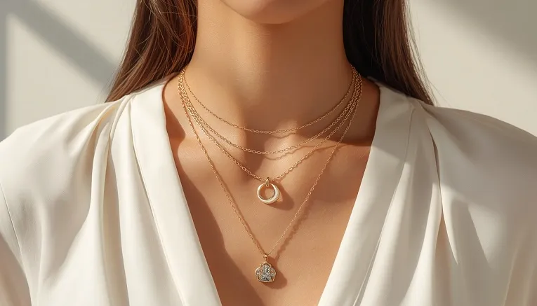 Woman wearing layered necklaces with different lengths to prevent tangling.
