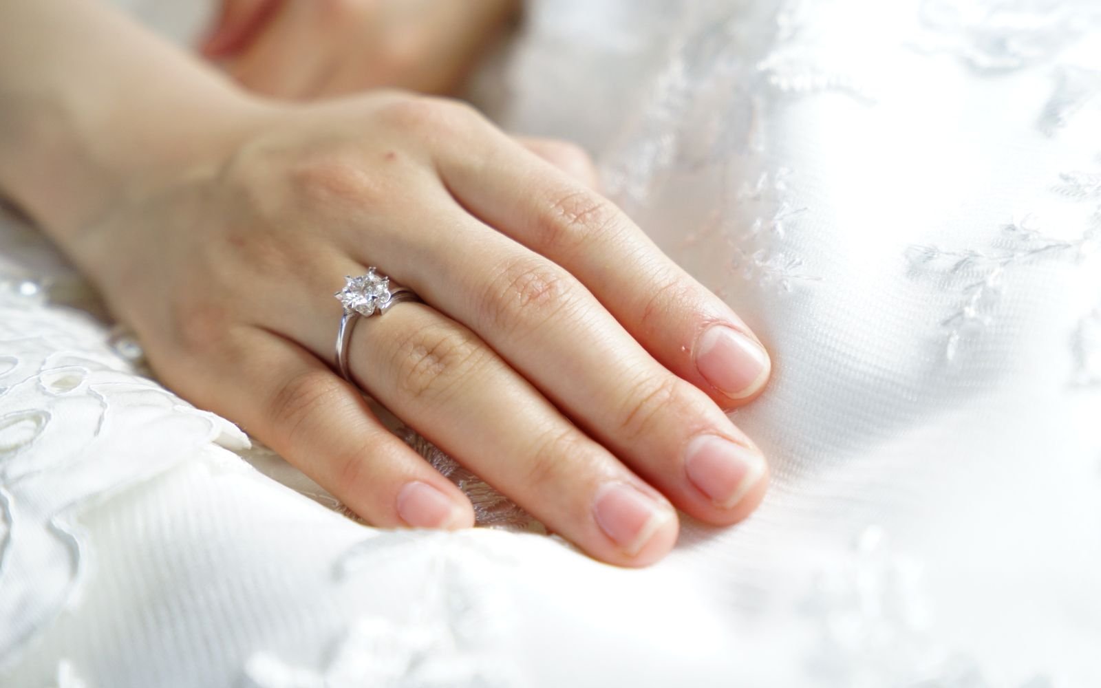 Close up of a diamond eternity ring on hand