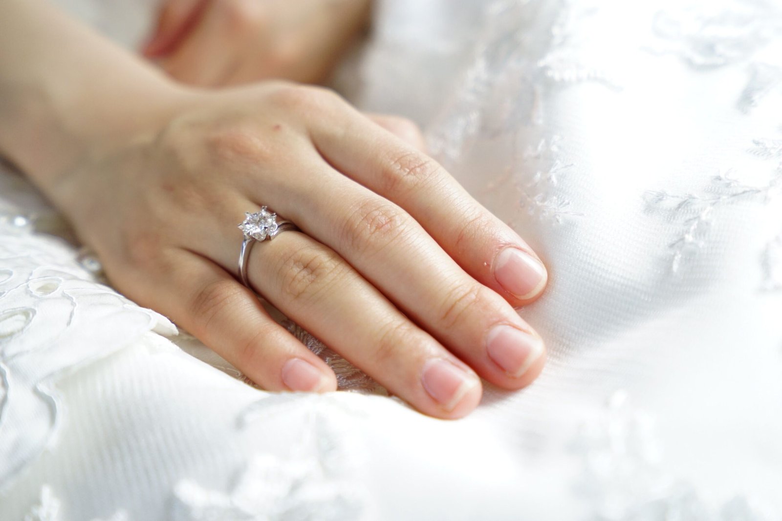 Solitaire ring with clear sparkling gemstone on hand