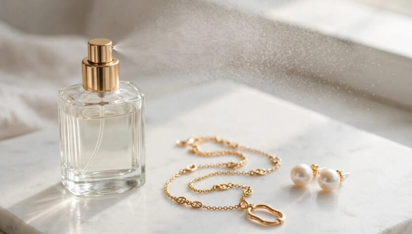 Perfume bottle spraying mist near a gold necklace and pearl earrings on marble