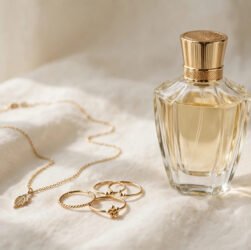 Glass perfume bottle beside gold jewellery on a cream background