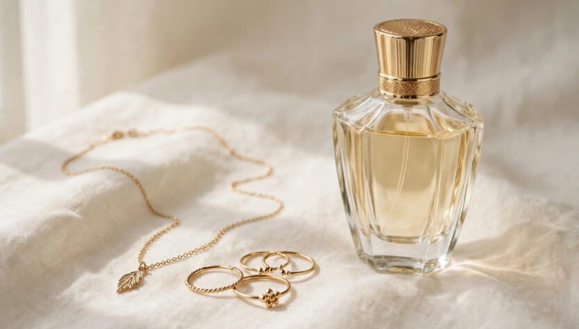 Glass perfume bottle beside gold jewellery on a cream background