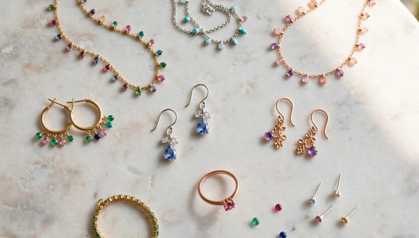 Assorted gold, silver and rose gold fashion jewellery pieces on marble