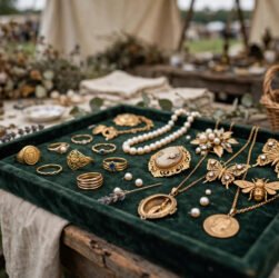 Vintage second-hand jewellery on a velvet tray at an antique market