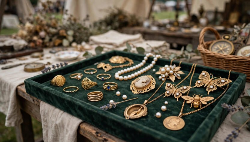 Vintage second-hand jewellery on a velvet tray at an antique market